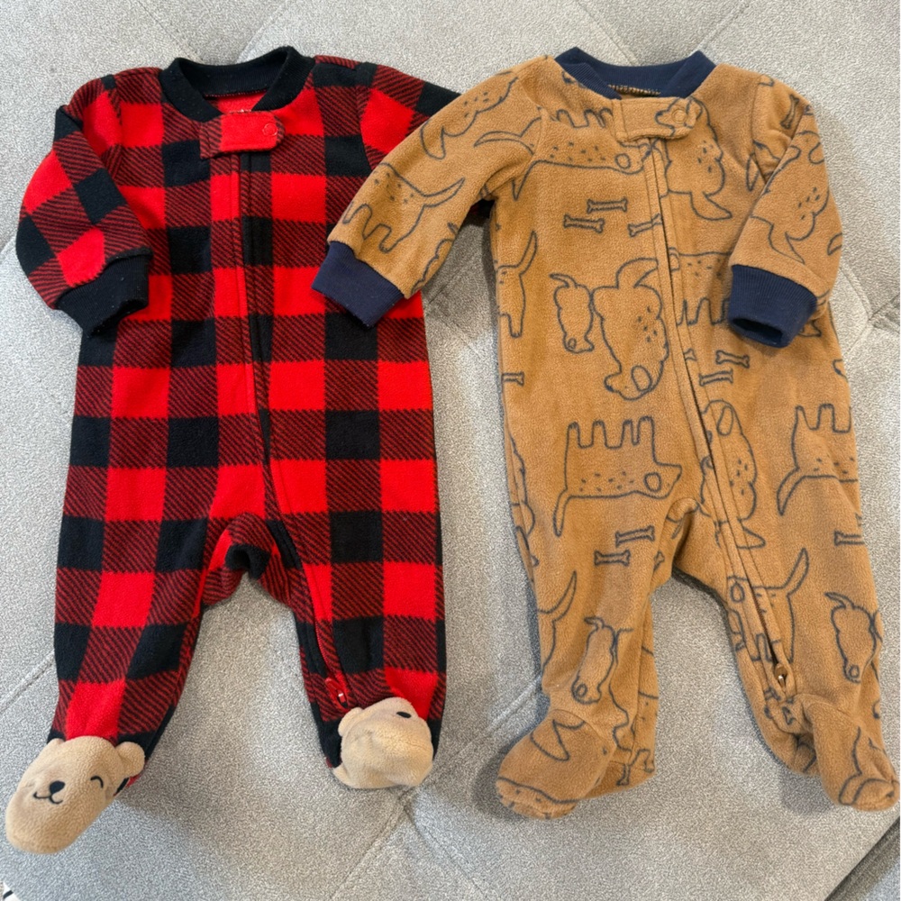 Carter's Red & Black Buffalo Plaid & Tan Dog Print 2pack Footed Onesies newborn